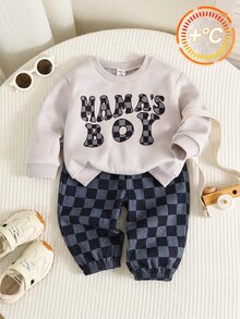 SHEIN 中性嬰兒男/女童、幼兒 2件組秋冬休閒可愛格紋運動衫套裝，嬰兒運動服，嬰兒冬季衣物 - 彩色 - 查看 4