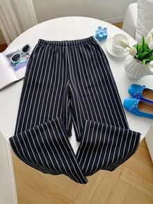 SHEIN EZwear 女款休閒條紋拼色抽繩腰長褲 - 黑色 - 查看 2