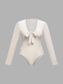 Silhoulove Women's Solid Color V-Neck Front Tie Long Sleeve Fashion Bodysuit - Apricot - View 3