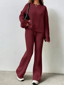 Flirla 女款純色落肩長袖毛衣與針織喇叭褲時尚寬鬆兩件套 - 紅色 - 查看 6