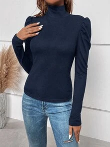 SHEIN Clasi 女款秋季簡約鈕扣裝飾泡泡袖高領長袖T恤 - 藏蓝色 - 查看 4