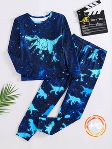 SHEIN 2件組兒童青少年男孩休閒日常舒適印花圓領套頭睡衣上衣與長褲針織居家服修身套裝 - 黑色 - 查看 1