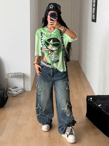 Coolane THE POWERPUFF GIRLS X SHEIN Plus Size Cartoon Print Contrast Color Short Sleeve Mesh T-Shirt - Multicolor - View 6