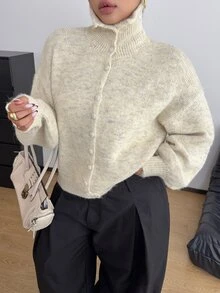 POPSWAY Plus Size Women's Autumn/Winter Dropped Shoulder Long Sleeve Single-Breasted Knit Cardigan - Apricot - View 7