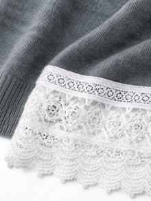 LUMIGAL Autumn/Winter New Round Neck Lace Patchwork Loose Fit Versatile Knit Top - Dark Grey - View 4