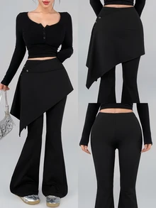 DAZY Autumn Korean Style Asymmetrical Peplum Skirt Black Long Pants Casual Street Fitness Women's Sports Leggings - Black - View 2