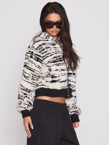 MUSERA Zebra Printed Fluffy Logo Embroidered Hooded Cropped Jacket Autumn Winter Fall Coolgirl Holiday Everyday Roadside Renegade - Black and White - View 6