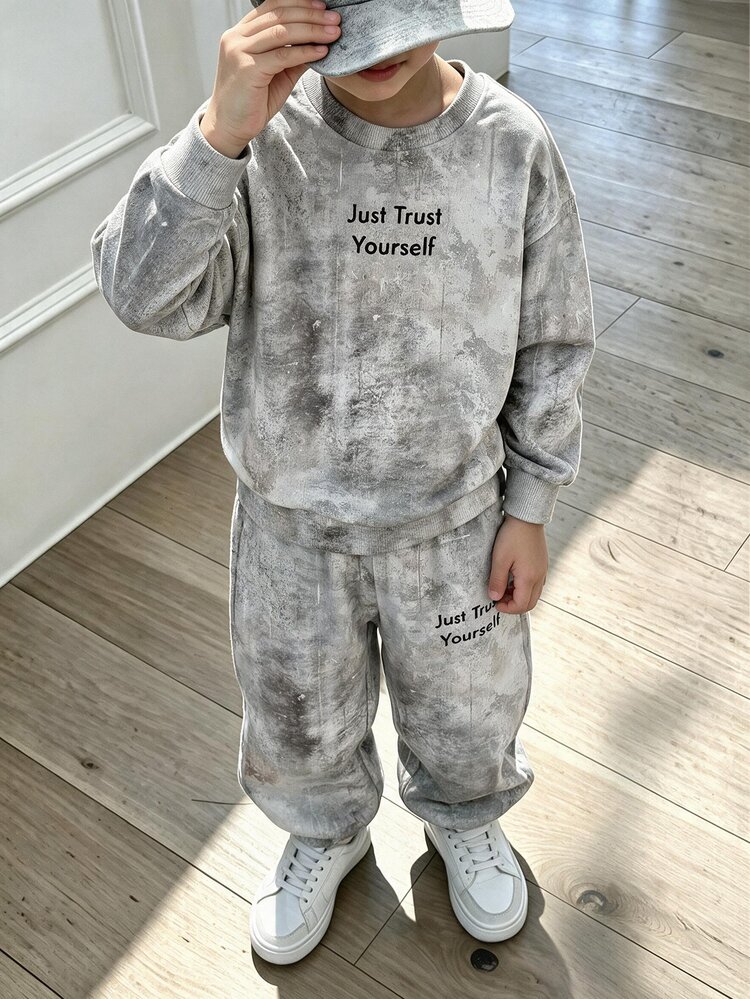 Young Boys Loose Sports Casual Comfortable Long Sleeve Sweatshirt And Pants 2 Pieces Set, Suitable For Autumn/Winter, Classic Cool Cement Gray Graphic Print, Classic Text "Just Trust Yourself", Suitable For Streetwear, Y2K - Multicolor - View 2