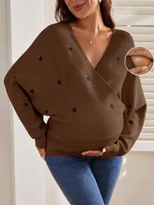 SHEIN 孕婦愛心刺繡重疊V領蝙蝠袖長袖休閒針織衫 - 咖啡棕 - 查看 4