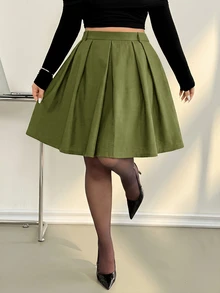 Auralis 春秋新款女款辦公正式百褶中長裙，巧克力棕格紋，優雅通勤風，大尺碼返校秋季款 - 綠色 - 查看 1