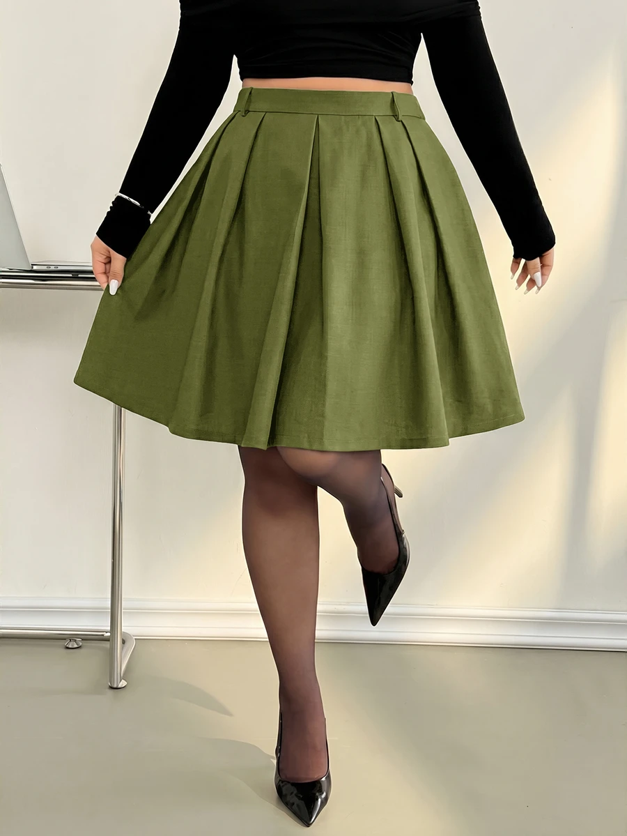Auralis 春秋新款女款辦公正式百褶中長裙,巧克力棕格紋,優雅通勤風,大尺碼返校秋季款 - 綠色 - 查看 1