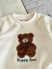 SHEIN Vintaside Kids 2件組男嬰可愛米色棕熊蝴蝶結刷毛刺繡長袖圓領厚款戶外秋冬節日套裝 - 棕色 - 查看 6