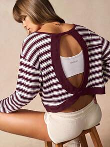 VARSIVA Women's Striped Back Cutout Long Sleeve Sports T-Shirt - Multicolor - View 5