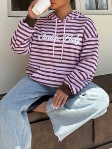 Muchica 女款粉色條紋字母印花抽繩連帽休閒 Y2K 日常長袖運動衫上衣 街頭風運動連帽衫 返校季秋季 - 彩色 - 查看 3