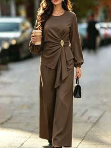 Velvienne French Luxury Style Round Neck Long Sleeve Asymmetrical Hem Cinched Waist Top & High Waist Straight Leg Wide Leg Pants Commuter Set - Brown - View 3