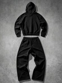 BATMAN X SHEIN Manfinity EMRG Men's Cartoon Embroidered Long Sleeve Hoodie And Sweatpants Casual Set - Black - View 2