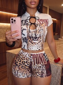 Slaydiva Halloween Chinese Style Pattern Women's Sexy Fitted 2 Pieces Set - A - Multicolor - View 4