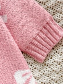 SHEIN Baby Girl Cute Bow Pattern Pink Knit Romper, Suitable For Autumn/Winter - Pink - View 7