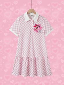 THE POWERPUFF GIRLS X SHEIN Tween Girl Polo Collar Checkered Short Sleeve Ruffle Hem Dress - Pink - View 3