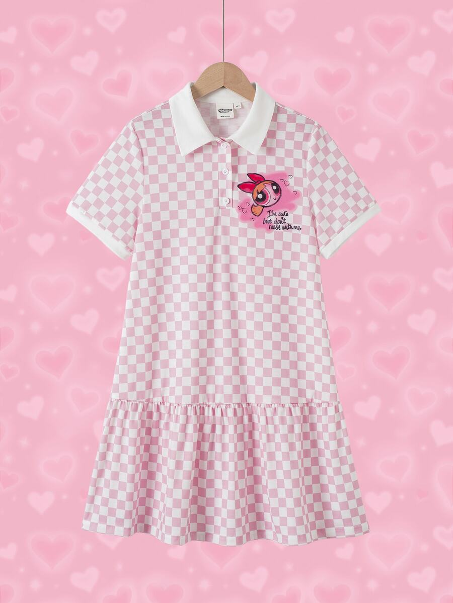 THE POWERPUFF GIRLS X SHEIN Tween Girl Polo Collar Checkered Short Sleeve Ruffle Hem Dress - Pink - View 1