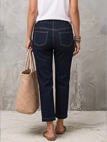 LUMIGAL Plus Size Women's Casual Cropped Jeans With Pocket And Vintage Button Design - Black - View 2