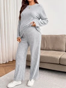 SHEIN 孕婦純色圓領長袖T恤與可調腰長褲休閒兩件套 - 灰色 - 查看 8