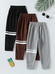 3pcs/Set Waffle Knit Long Pants With Two Stripes Print For Boys, Cuffed Hem - Multicolor - View 1