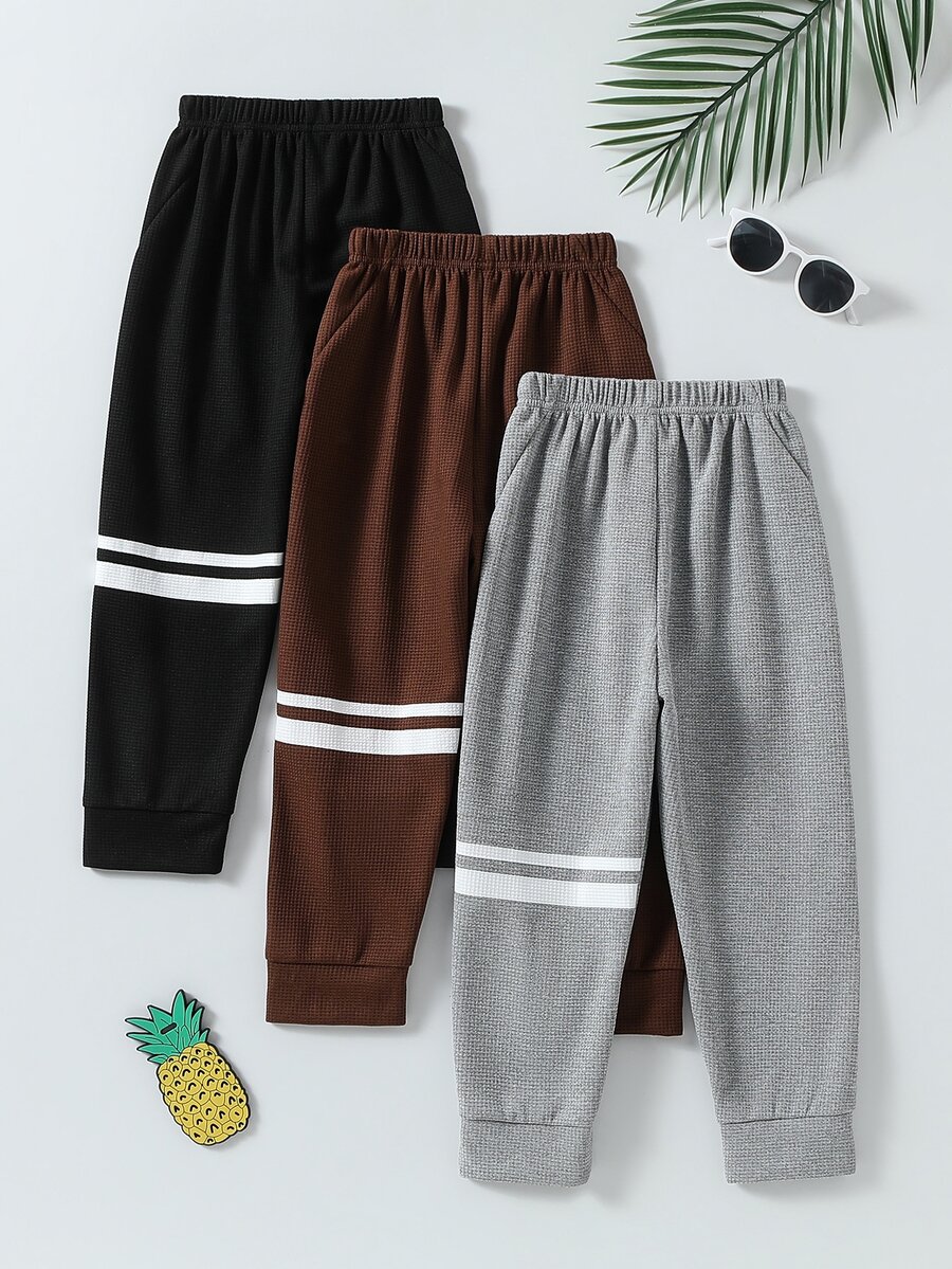 3pcs/Set Waffle Knit Long Pants With Two Stripes Print For Boys, Cuffed Hem - Multicolor - View 1