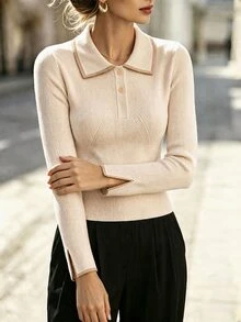 SHEIN Women's Colorblock Casual Versatile Daily Wear Long Sleeve Sweater - Apricot - View 3