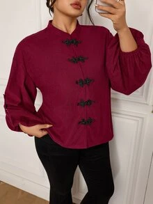 EastFlair Plus Size Women's Casual Top With Frog Button Placket And Rolled Cuffs - Burgundy - View 1