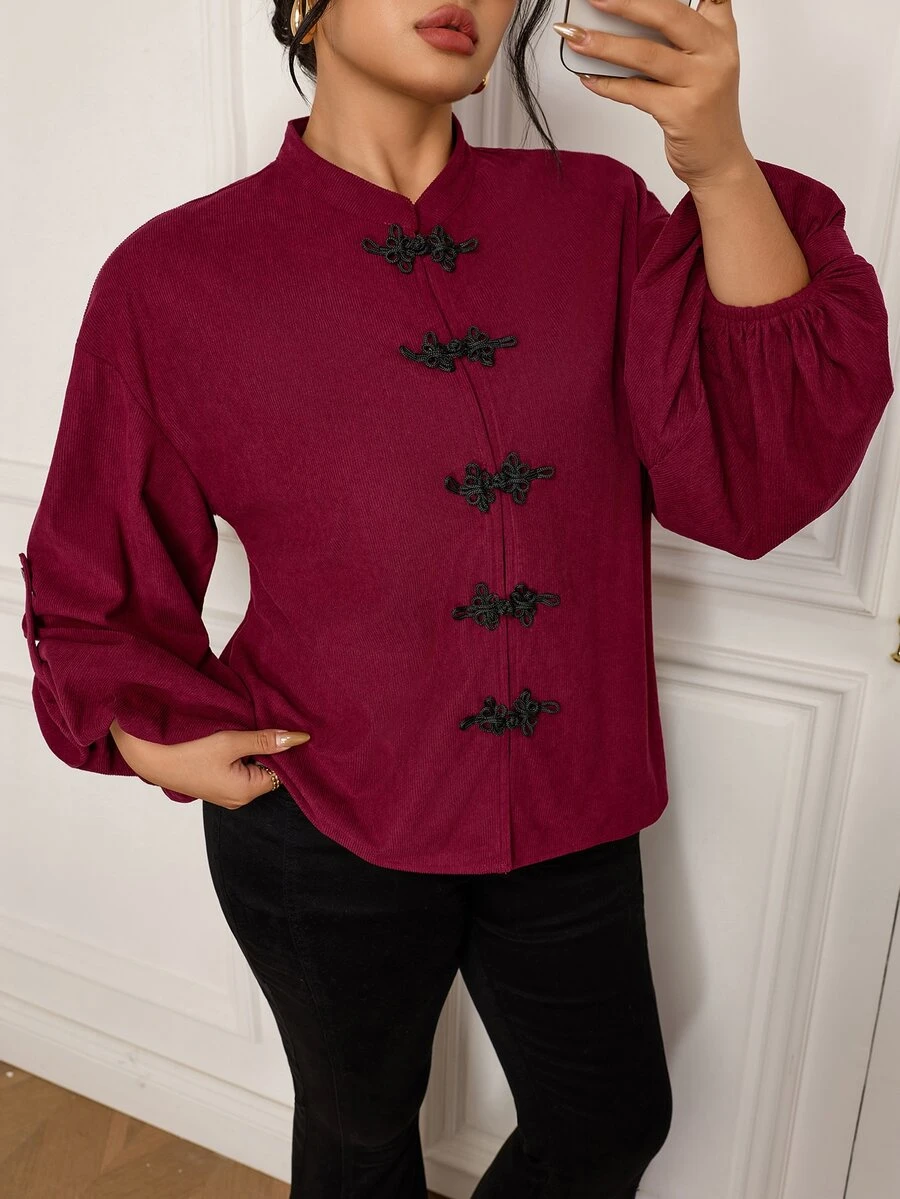 EastFlair Plus Size Women's Casual Top With Frog Button Placket And Rolled Cuffs - Burgundy - View 1