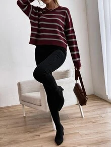 SHEIN Unity 女款條紋休閒日常長袖針織衫 - Merry Berry - 查看 4