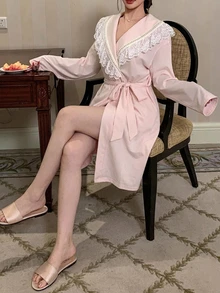 DAZY Women's Lace Patchwork Lapel Cardigan Long Sleeve Robe - Pink - View 5