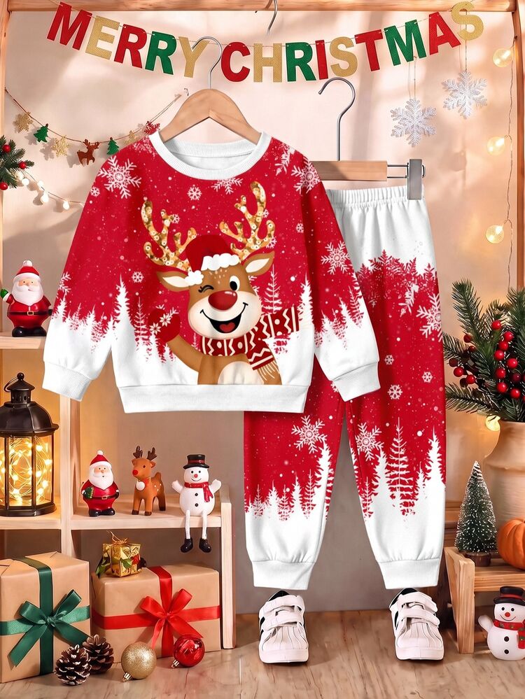 Infant Toddler Round Neck Casual Long Sleeve Sweatshirt And Pants Comfortable Set, Classic Christmas Element Pattern Print, Classic Christmas Snowflake Pattern Print, Classic Cute Cartoon Christmas Reindeer Pattern Print, Suitable For Christmas, Suitable For Autumn/Winter - Multicolor - View 5