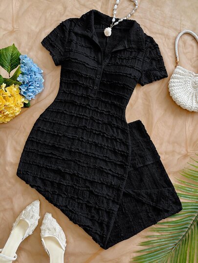 Soleia New Casual Vacation Lapel Short Sleeve Colorblock Striped Dress