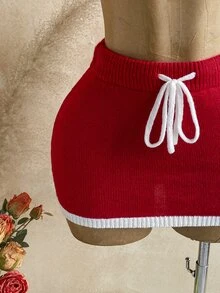 Soleia Women's Bow Pattern Top And Mini Skirt Fashion Knit Two Pieces Set - Red - View 6