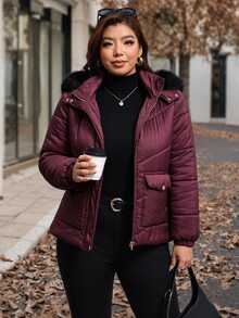 Reflora Plus Size Winter Zipper Pocket Long Sleeve Hooded Padded Coat - Burgundy - View 1