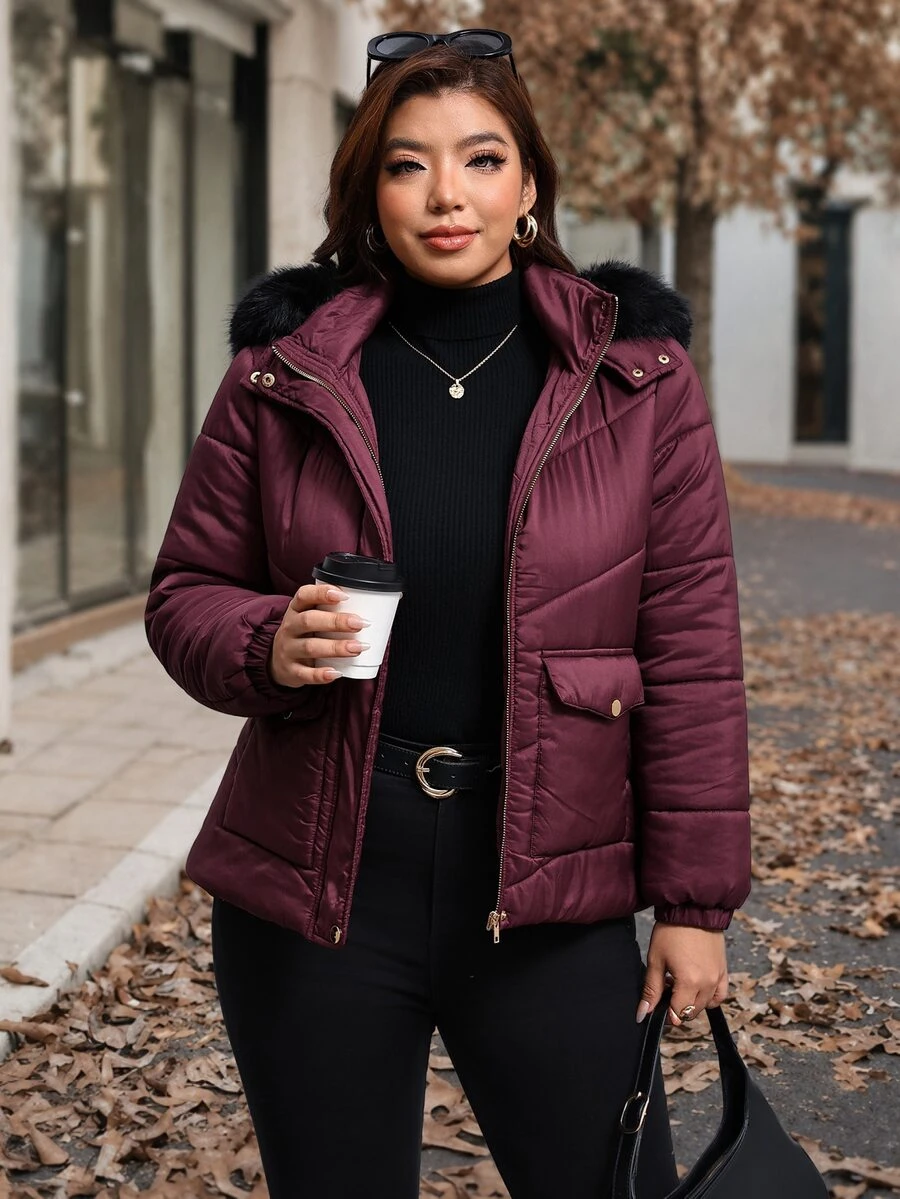 Reflora Plus Size Winter Zipper Pocket Long Sleeve Hooded Padded Coat - Burgundy - View 1