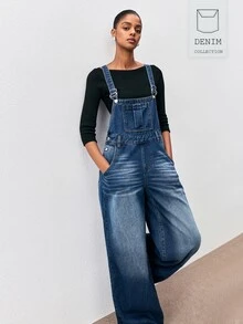 ATUI Studio Women's Loose Wide Leg Casual Versatile Denim Overalls With Pockets - Medium Wash - View 1