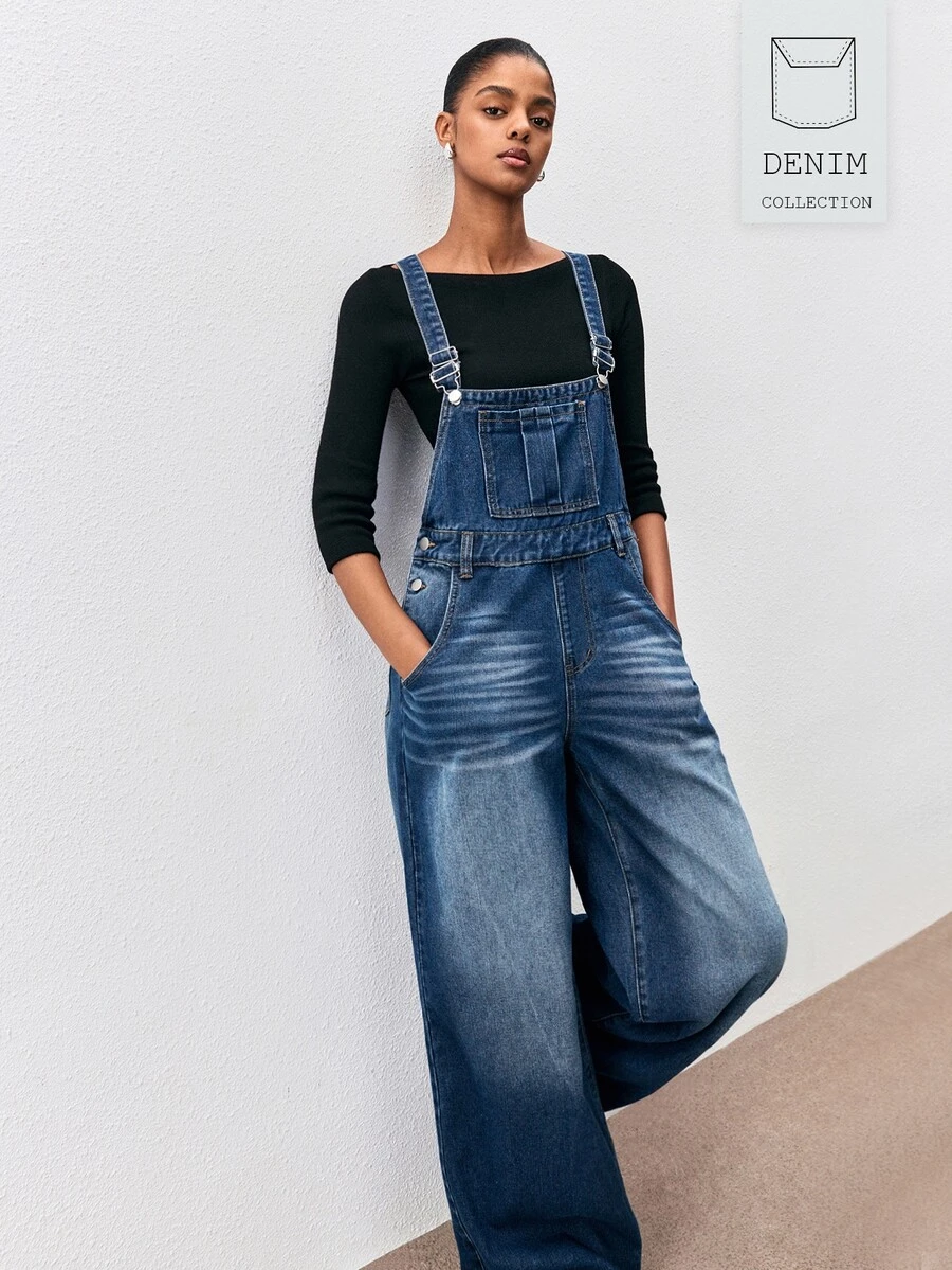 ATUI Studio Women's Loose Wide Leg Casual Versatile Denim Overalls With Pockets - Medium Wash - View 1