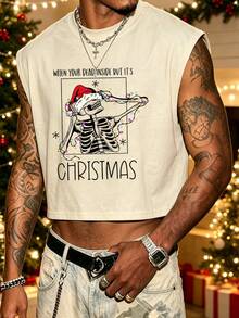 Manfinity Dauomo When Your Heart Is Dead, But It's Christmas 骷髏圖案鏤空背心，男士聖誕骷髏與聖誕帽印花無袖短版背心 - 卡其色 - 查看 3