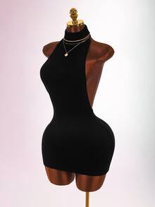 Amplova Women's Knit Long Sleeve Backless Fitted Bodycon Mini Dress With Flare Sleeves - Black - View 3