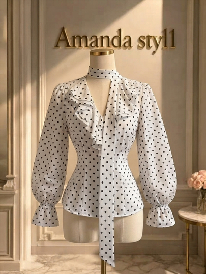 GlowEve Blusa feminina elegante para deslocações diárias, versátil, com laço com folhos e padrão de bolinhas, nova coleção outono/inverno 2026