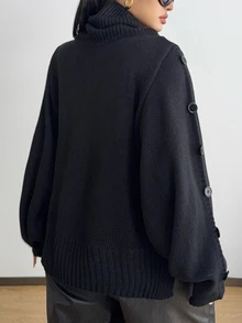 POPSWAY Plus Size Women's High Neck Ruched Collar Batwing Sleeve Cable Knit Single-Sided Button Loose Slouchy Elegant Solid Color Knit Sweater Pullover, Suitable For Spring/Autumn/Winter/Back To School/Daily Commute/Outing/Date/Indoor/Outdoor/Date Outfit Versatile Solid Color Knit Sweater Pullover - Black - View 2