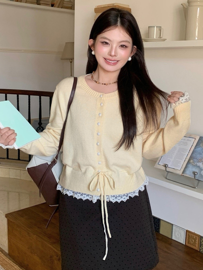 Dazy Plus French Lace Patchwork Sweater Cardigan Women Autumn/Winter Thickened Slouchy Jacket Top Open Front