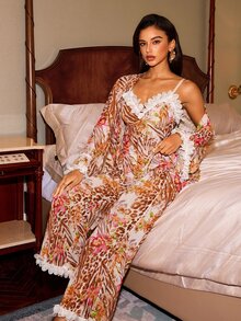 Slumberist 3 Pieces Leopard & Floral Print Women's Pajama Set, 3D Flower Cami Top, Wide Leg Pants, Tie-Front Robe, Loungewear - Orange Red - View 3