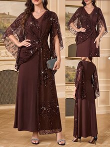 Amorya Women's Patchwork Sequin Mesh Elegant Glamorous Long Dress - Coffee Brown - View 7