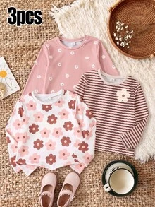 SHEIN Vintaside Kids 女童長袖T恤 花卉與條紋印花 粉色白色休閒秋季上衣 3件組 - 彩色 - 查看 3