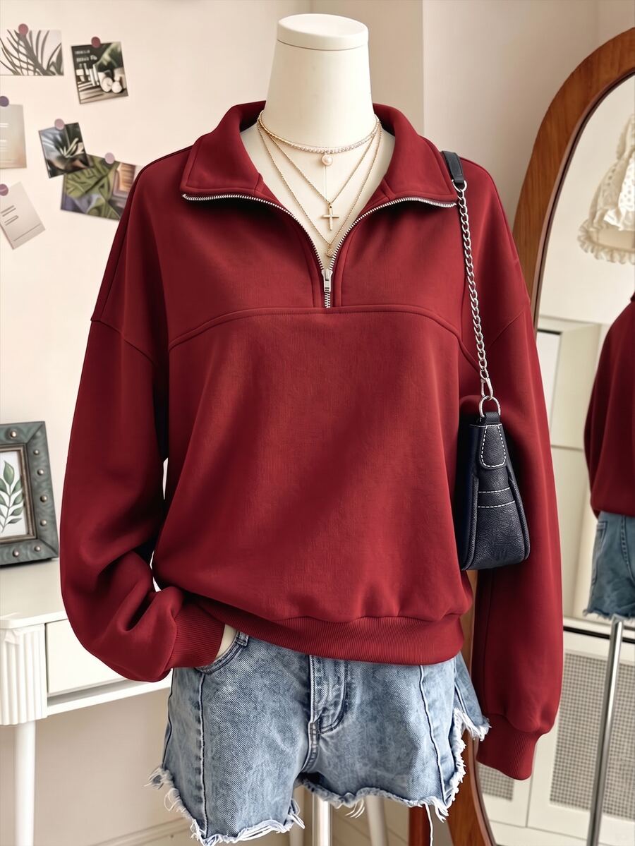 SHEIN 青少年女孩抓絨秋季服飾 休閒極簡拉鍊式落肩衛衣,秋冬保暖穿搭,舒適日常長袖 - 紅色 - 查看 1
