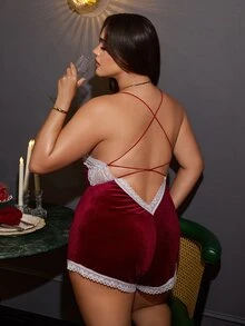 SilkySpell Christmas Style V-Neck Back Criss-Cross Lace Trim Patchwork Korean Fleece Sexy Plus Size Jumpsuit Pajamas - Burgundy - View 3